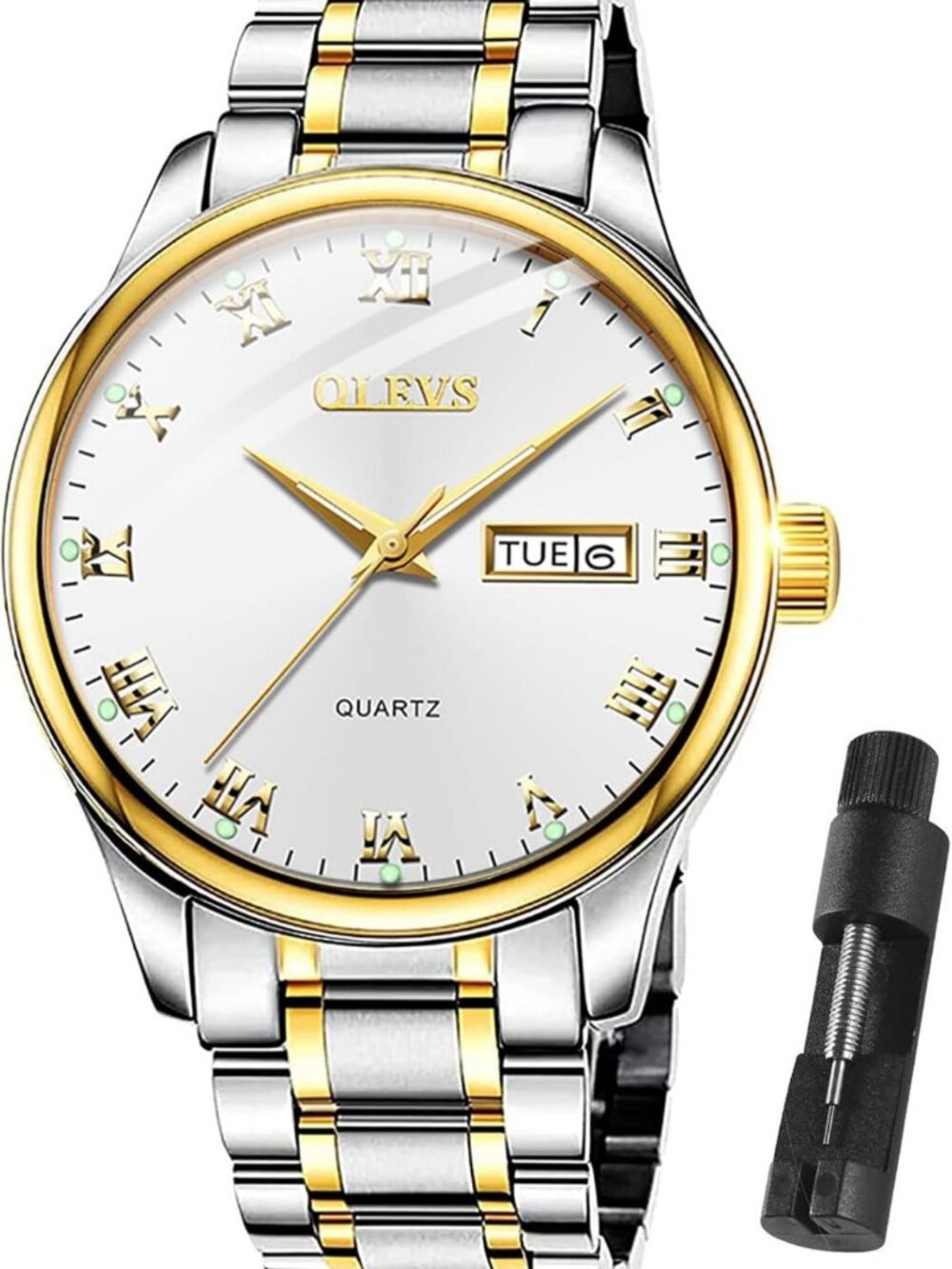 Luxury Men's Big Face Stainless Steel Gold Watch with Day Date Feature
